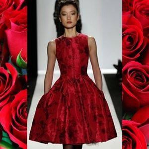 ♧$7,000 OSCAR DE LA RENTA ICONIC LOVE RED FLORAL PLEADED RUNWAY DRESS 4 S